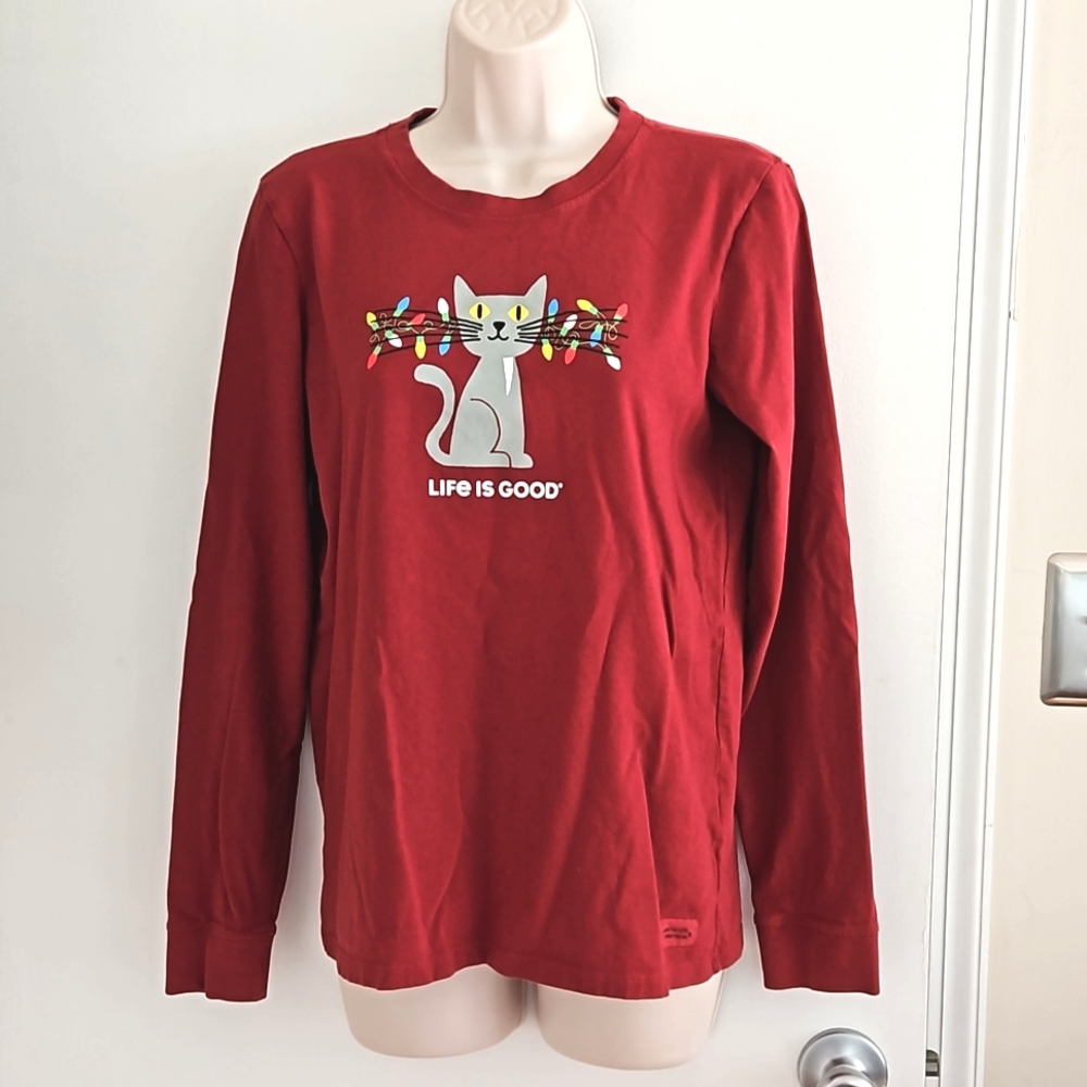 Life Is Good Lit Up Christmas Cat Shirt Size S